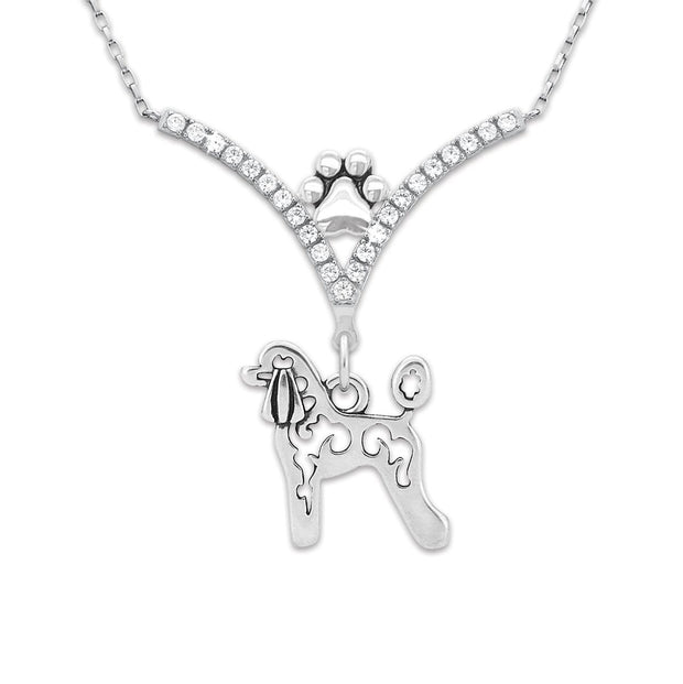 Poodle Necklace Body Design in V-Shaped Cubic Zirconia and Sterling Silver Chain with Pawprint.