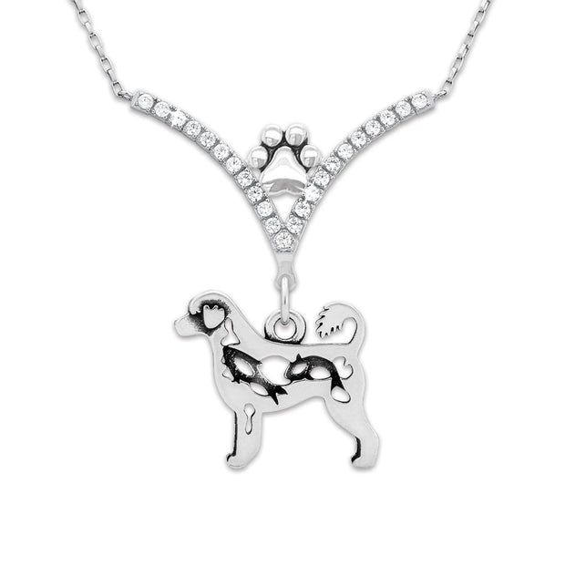 Portuguese Water Dog Necklace Body Design with Fish in V-Shaped Cubic Zirconia and Sterling Silver Chain with Pawprint.