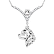 Portuguese Water Dog Necklace Head Design in V-Shaped Cubic Zirconia and Sterling Silver Chain with Pawprint.