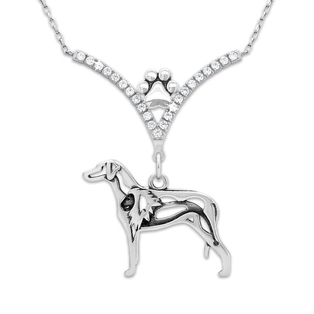 Rhodesian Ridgeback Necklace Body Design with Lion in V-Shaped Cubic Zirconia and Sterling Silver Chain with Pawprint.