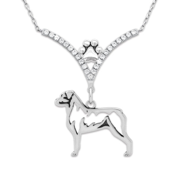 Rottweiler Necklace Head Design in V-Shaped Cubic Zirconia and Sterling Silver Chain with Pawprint.