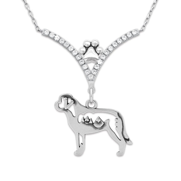 Saint Bernard Necklace Body Design with Mountains in V-Shaped Cubic Zirconia and Sterling Silver Chain with Pawprint.