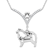 Samoyed Necklace Body Design with Sled in V-Shaped Cubic Zirconia and Sterling Silver Chain with Pawprint.