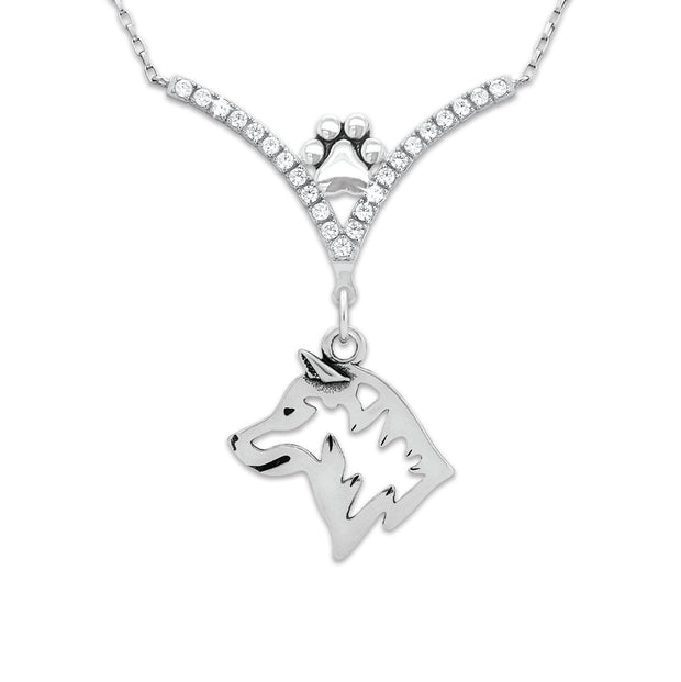 Shiba Inu Necklace Head Design in V-Shaped Cubic Zirconia and Sterling Silver Chain with Pawprint.