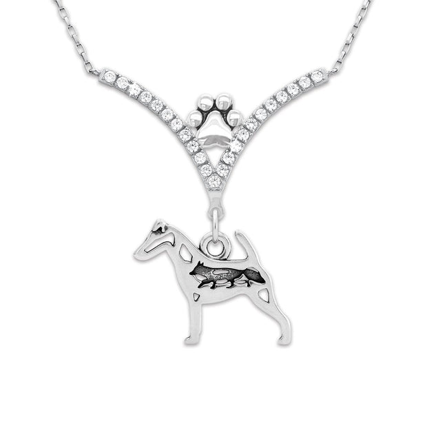 Smooth Fox Terrier Necklace Body Design with Fox in V-Shaped Cubic Zirconia and Sterling Silver Chain with Pawprint.