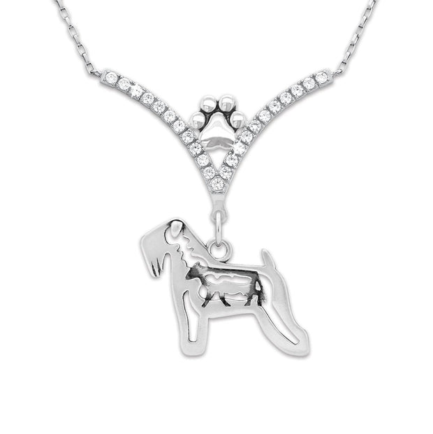 Soft Coated Wheaton Terrier Necklace Body Design with Cow in V-Shaped Cubic Zirconia and Sterling Silver Chain with Pawprint.