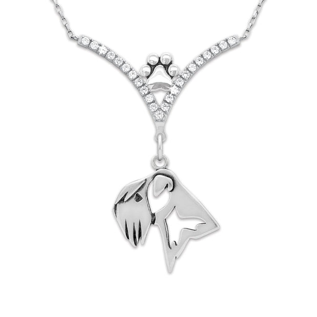 Soft Coated Wheaton Terrier Necklace Head Design in V-Shaped Cubic Zirconia and Sterling Silver Chain with Pawprint.