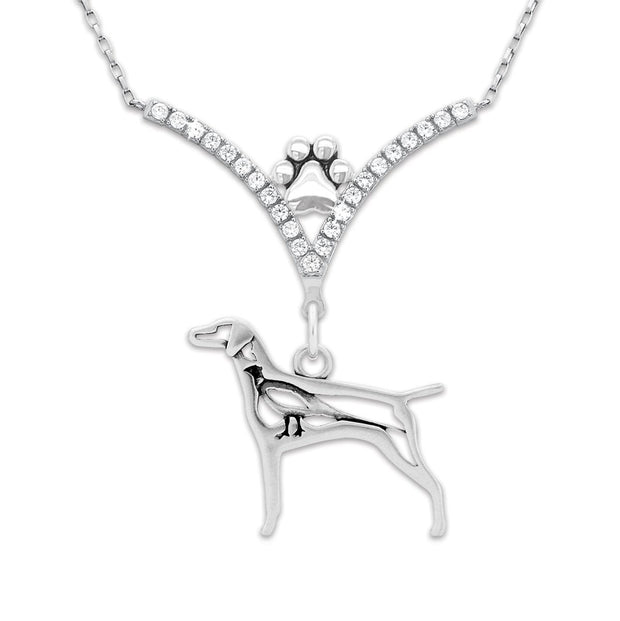 Vizsla Necklace Body Design with Pheasant in V-Shaped Cubic Zirconia and Sterling Silver Chain with Pawprint.