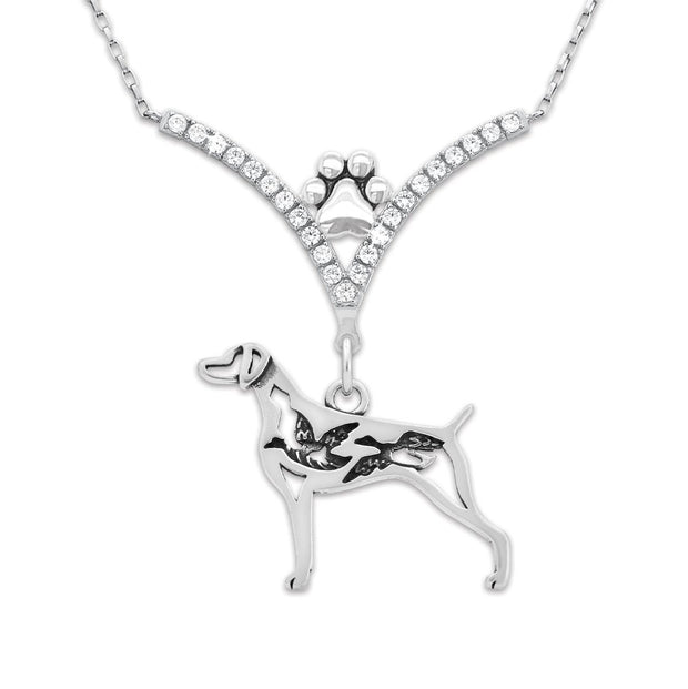 Weimaraner Necklace Body Design with Ducks in V-Shaped Cubic Zirconia and Sterling Silver Chain with Pawprint.