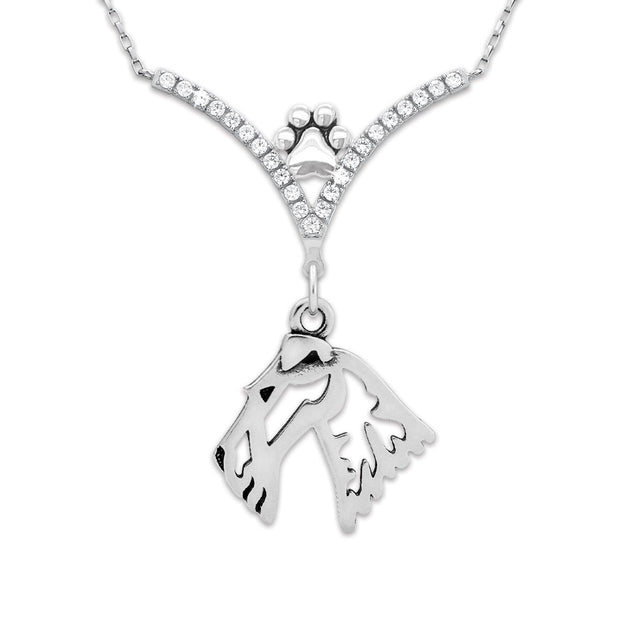 Wire Fox Terrier Necklace Head Design in V-Shaped Cubic Zirconia and Sterling Silver Chain with Pawprint.