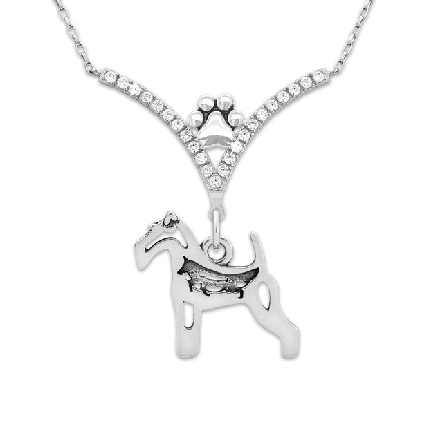 Wire Fox Terrier Necklace Body Design with Fox in V-Shaped Cubic Zirconia and Sterling Silver Chain with Pawprint.