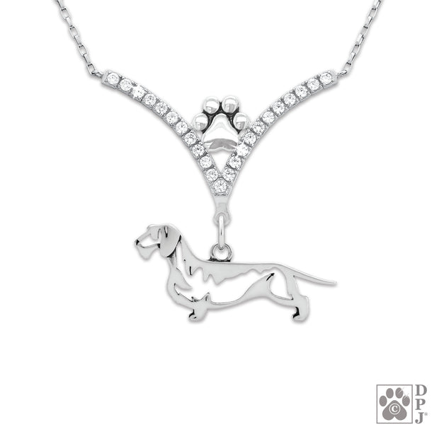 Wirehaired Dachshund Necklace Body Design in Cubic Zirconia and Sterling Silver.