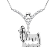 Yorkshire Terrier Necklace Body Design in V-Shaped Cubic Zirconia and Sterling Silver Chain with Pawprint.