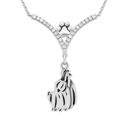 Yorkshire Terrier Necklace Head Design in V-Shaped Cubic Zirconia and Sterling Silver Chain with Pawprint.