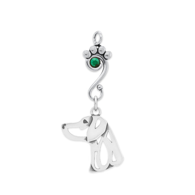 Weimaraner Pendant Head Design with Emerald Crystal in Sterling Silver.