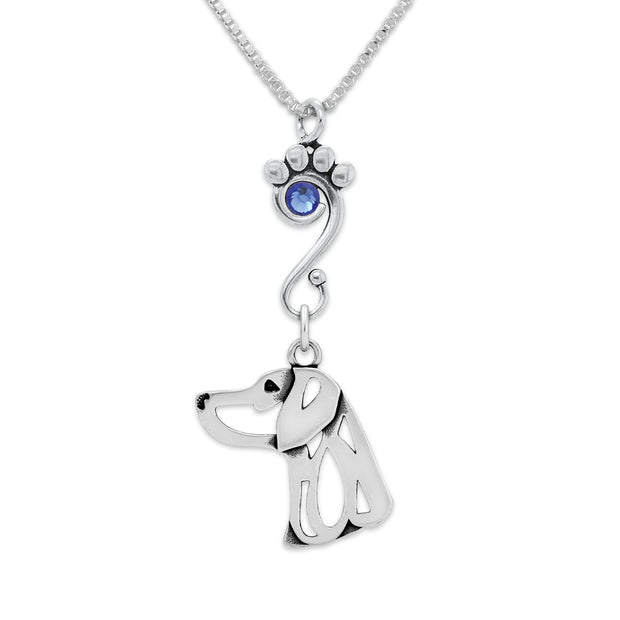 Weimaraner Necklace Head Design with Sapphire Crystal in Sterling Silver on Box Chain.