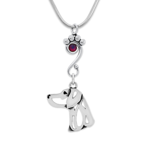 Weimaraner Necklace Head Design with Volcano Crystal in Sterling Silver on Snake Chain.