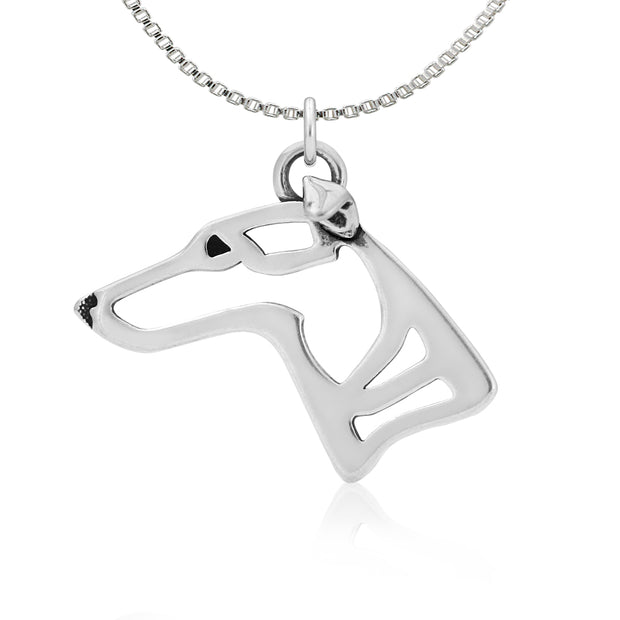 Whippet Necklace Head Design in Sterling Silver on Box Chain.