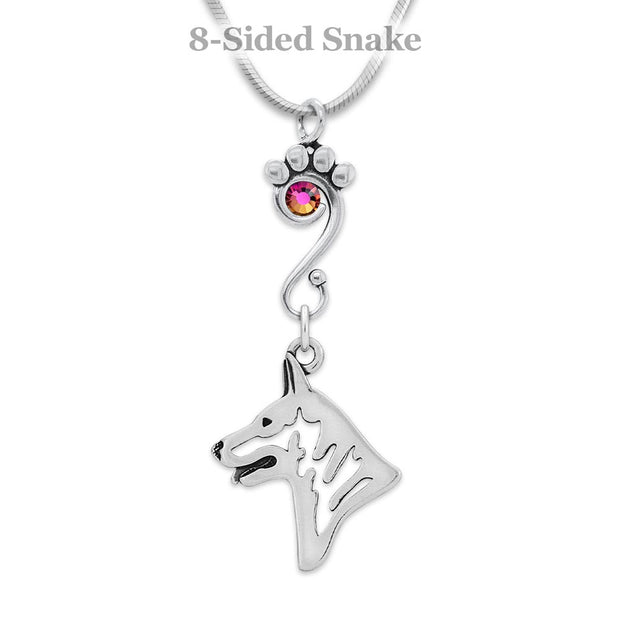 White Shepherd Necklace Head Design with Crystal in Sterling Silver on Snake Chain.