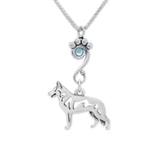 White Shepherd Necklace Body Design with Light Sapphire Crystal in Sterling Silver on Box Chain.