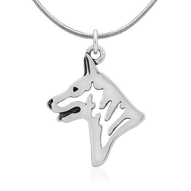 White Shepherd Necklace Head Design in Sterling Silver on Snake Chain.