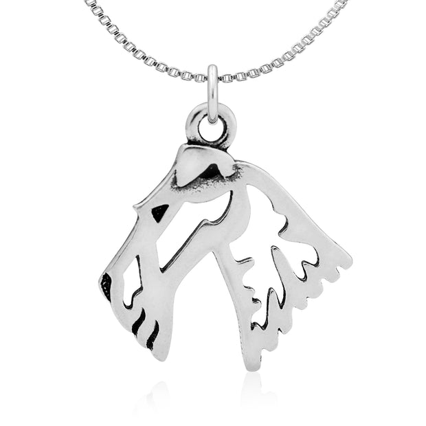 Wire Fox Terrier Necklace Head Design in Sterling Silver on Box Chain.