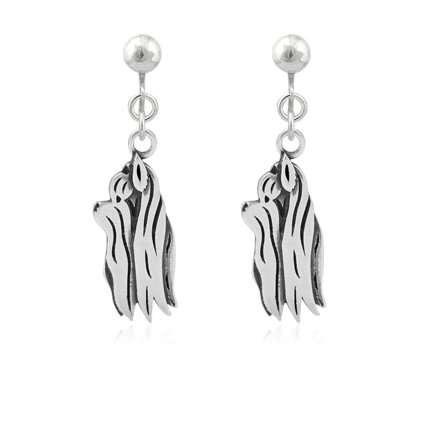 Yorkshire Terrier Clip-On Earrings Head Design with Show Cut in Sterling Silver.