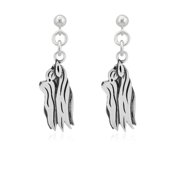 Yorkshire Terrier Earrings Head Design with Show Cut in Sterling Silver in Dangle Post.