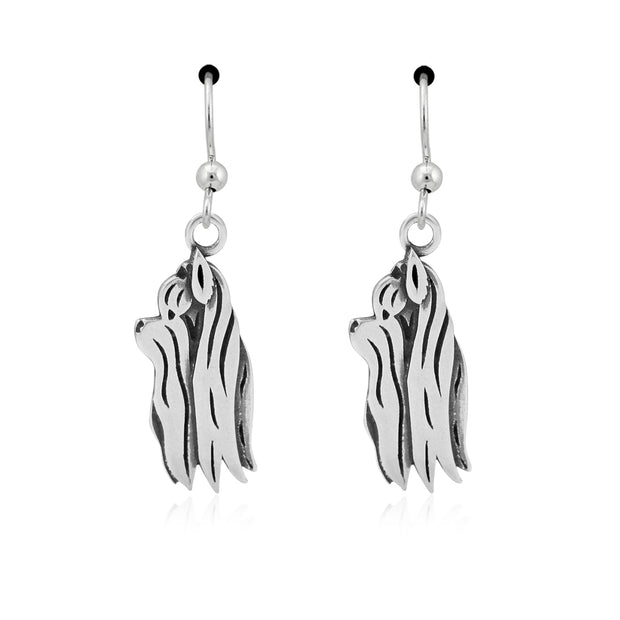 Yorkshire Terrier Earrings Head Design with Show Cut in Sterling Silver in French Hook.