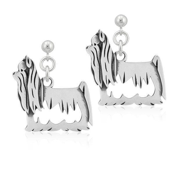 Yorkshire Terrier Earrings with Show Cut in Sterling Silver in Dangle Post. 