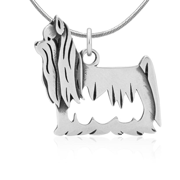 Yorkshire Terrier Necklace with Show Cut in Sterling Silver on Snake Chain. 