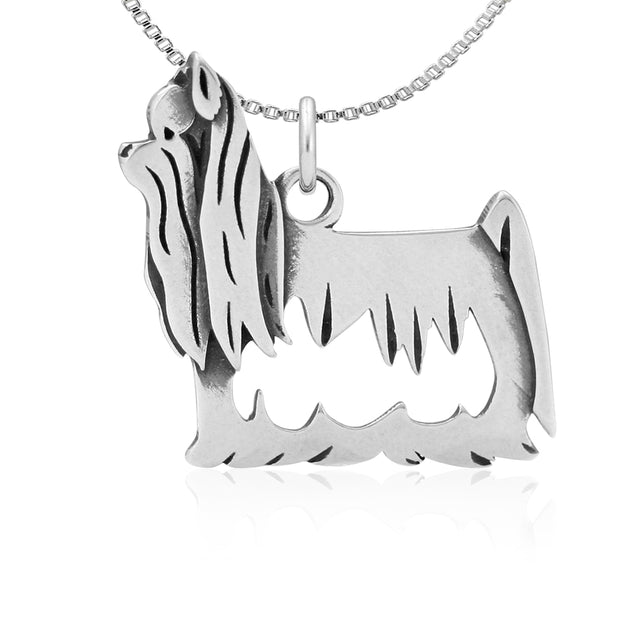 Yorkshire Terrier Necklace with Show Cut in Sterling Silver on Box Chain.